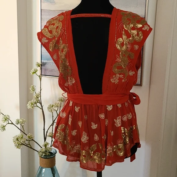 Free People Orange V neck  Peplum Blouse  sz XS - Picture 6 of 8